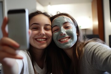 Two friends enjoying a facial mask while taking a selfie in a cozy indoor setting, Two pretty smiling girls friends with facial mask on their faces making selfie by smartphone at home