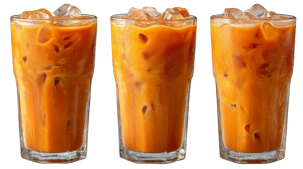 Three glasses of refreshing iced drinks on a wooden table, perfect summer cooler.