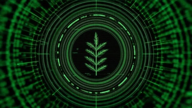 Digital Leaf Design in Futuristic Green Background with Binary Code Elements