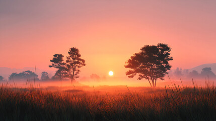 Fototapeta premium peaceful sunrise over foggy grass fields with scattered trees