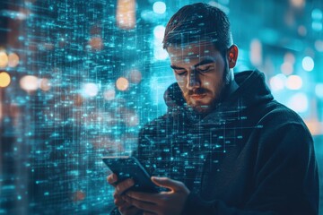 Data processing and smartphone use by biracial man in urban night setting, data processing over biracail man using smartphone