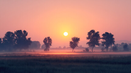 peaceful sunrise over foggy grass fields with scattered trees