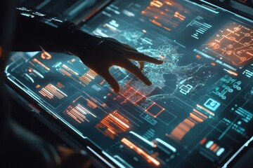 Futuristic data analysis and scanning over digital interface with advanced technology and interactive display, Futuristic data analysis and scanning over digital interface with graphs and maps
