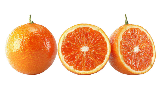Closeup of three juicy oranges sliced in half, a burst of vibrant citrus freshness.