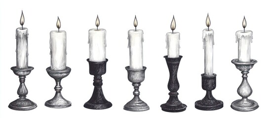 Hand-drawn collection of various candles in vintage candlesticks illustration