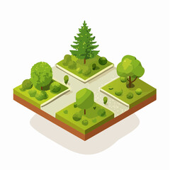 An Isometric Illustration of a Lush Green Park with Diverse Trees and Bushes on a Textured Ground Surface © aisyah