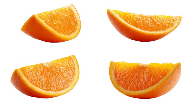 Four fresh orange slices, a burst of vibrant citrus flavor on simple background.
