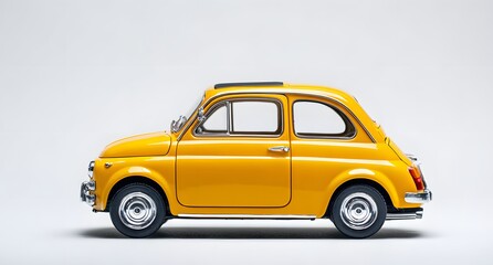 Obraz premium Vibrant yellow vintage compact car gleams against a clean white studio backdrop