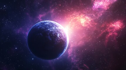 Obraz premium Majestic planet bathed in cosmic nebula glow amidst distant stars