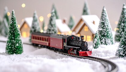 A model train travels through a snowy village scene