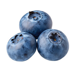 Obraz premium A perfect cluster of three fresh organic blueberries, a healthy superfood snack isolated on a white background