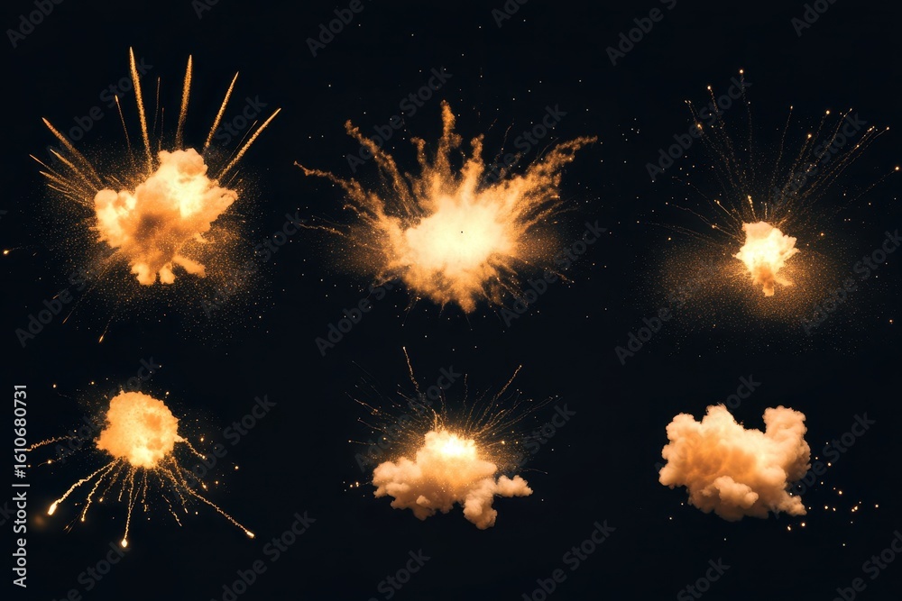 Poster explosive accent highlight elements showcasing various explosion effects in dark background, set of 