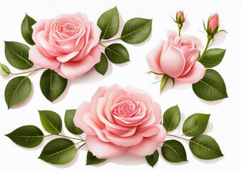 Set mit Blumen rosa Rose und grüne Blätter