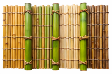 A textured vertical bamboo fence with green and natural brown stalks tied with twine, isolated on a transparent background
