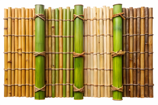 A textured vertical bamboo fence with green and natural brown stalks tied with twine, isolated on a transparent background