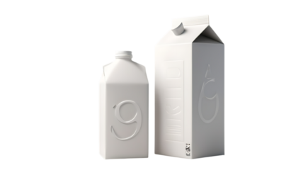 Two minimalist white milk cartons, one a bottle and the other a traditional carton, isolated on white isolated on transparent background
