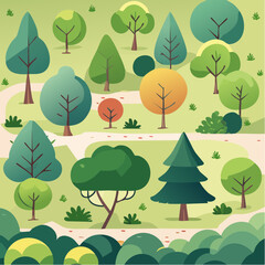 Flat design illustration of a vibrant park with diverse trees, winding paths, and lush green foliage creating a serene natural landscape.