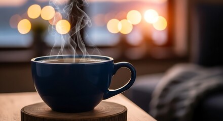 Obraz premium Steaming cup of coffee on a wooden coaster with blurred bokeh background.