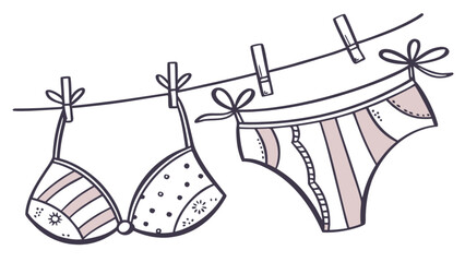 Lingerie bra and panties hanging on clothesline vector illustration for fashion and apparel design concept