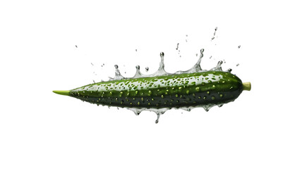 Naklejka premium A fresh cucumber with water splashing around it isolated on transparent background