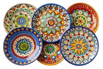 A vibrant collection of six colorful, ornately patterned ceramic plates, showcasing traditional folk art designs, isolated on a transparent background