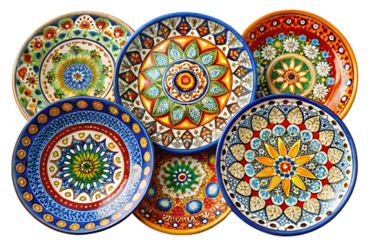 A vibrant collection of six colorful, ornately patterned ceramic plates, showcasing traditional folk art designs, isolated on a transparent background