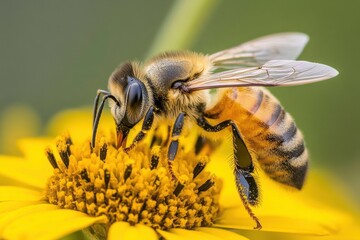 Bee collecting nectar from vibrant yellow flowers in a sunlit garden setting, Bee sucking nectar on thek flowers