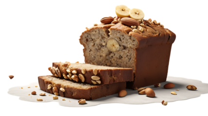 A loaf of banana bread with nuts and slices on a white surface isolated on transparent background