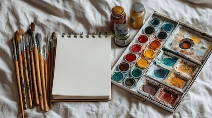 Blank Sketchbook With Watercolor Paints And Paintbrushes On A White Surface