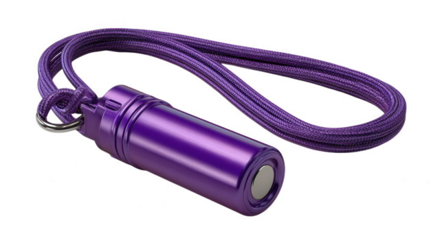 A shiny purple metal container with a matching lanyard is isolated on a transparent background, offering a stylish and portable accessory