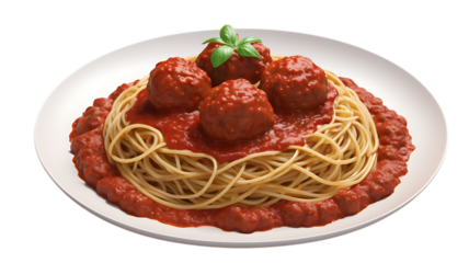 A plate of spaghetti topped with four juicy meatballs and savory tomato sauce isolated on transparent background