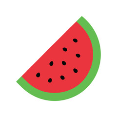 A vibrant slice of watermelon with black seeds and green rind isolated on white background