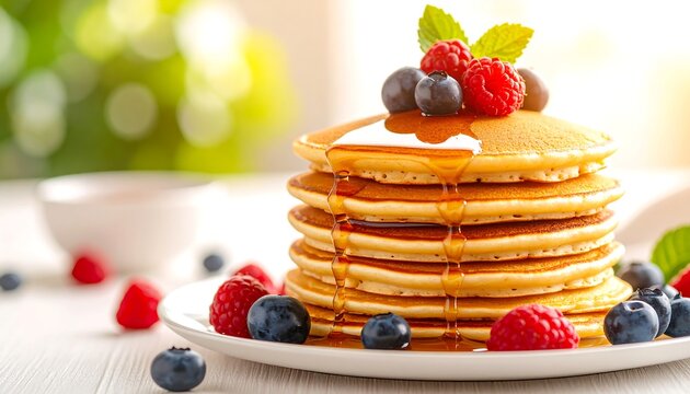 A stack of golden pancakes drizzled with syrup and topped with fresh berries