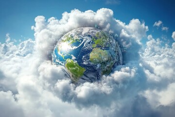 Data processing visualization over a globe surrounded by clouds in a digital environment, data processing over globe on cloud background