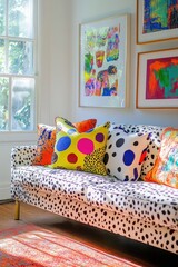Vibrant sofa with bold pillows in a sunny room