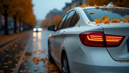 Moody scenic tail break light view modern white car windshield covered golden yellow fallen leaves parked wet city street  autumn rainy day. Overcast sky rain road drive. Seasonal weather conditions