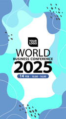 Minimalist World Business Conference story design with a clean light blue and mint green background. Perfect for global finance forum, international trade event, professional networking announcement.
