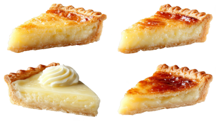 Four delicious slices of pie with a dollop of cream, tempting treat delicious.