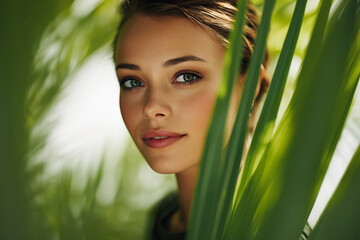 Naklejka premium fresh young woman surrounded by tropical leaves with natural beauty