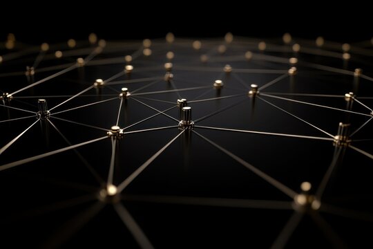 Network connections are scanned with a golden scope on a dark background showcasing intricate details, scope scanning over network of connections on black background
