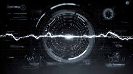 Digital Interface: A futuristic digital interface with a central circular design displaying an energetic waveform, showcasing advanced technology in a sleek, futuristic, and informational manner.