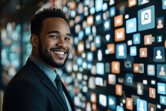 Biracial businessman smiling in front of digital media icons in a modern office environment, media icons over biracial businessman smiling in office - Powered by Adobe