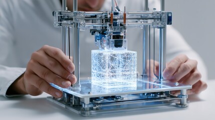 Close Up Of Hands Operating A 3D Printer Creating A Glowing Cube
