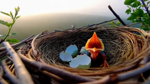 The newly hatched baby birds in the bird's nest