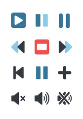 A collection of various media control icons, designed with simple shapes and colors for user interface elements.