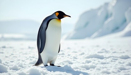 Obraz premium A majestic emperor penguin standing on a vast, icy plain in Antarctica during the bright, cold daylight of winter, snow swirling around its feet.