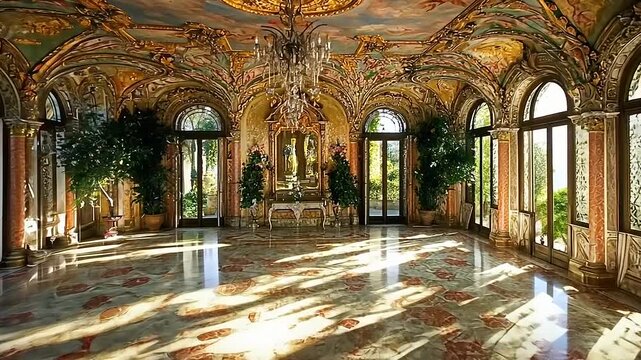 Opulent ballroom interior with sunlight streaking across marble flooring and painted ceilings