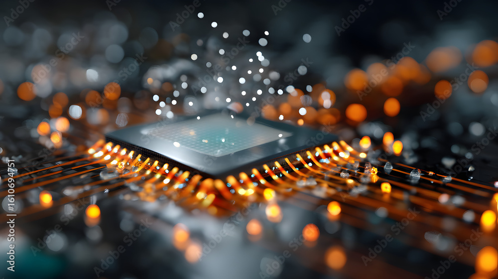 Poster integrated circuit and digital flow: the image presents a detailed view of an integrated circuit, sh