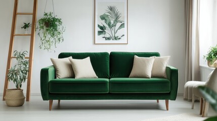 Modern interior design featuring a green sofa
