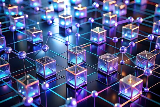 An abstract digital network of glowing blue and purple cubes and spheres connected by lines, representing futuristic technology and data flow